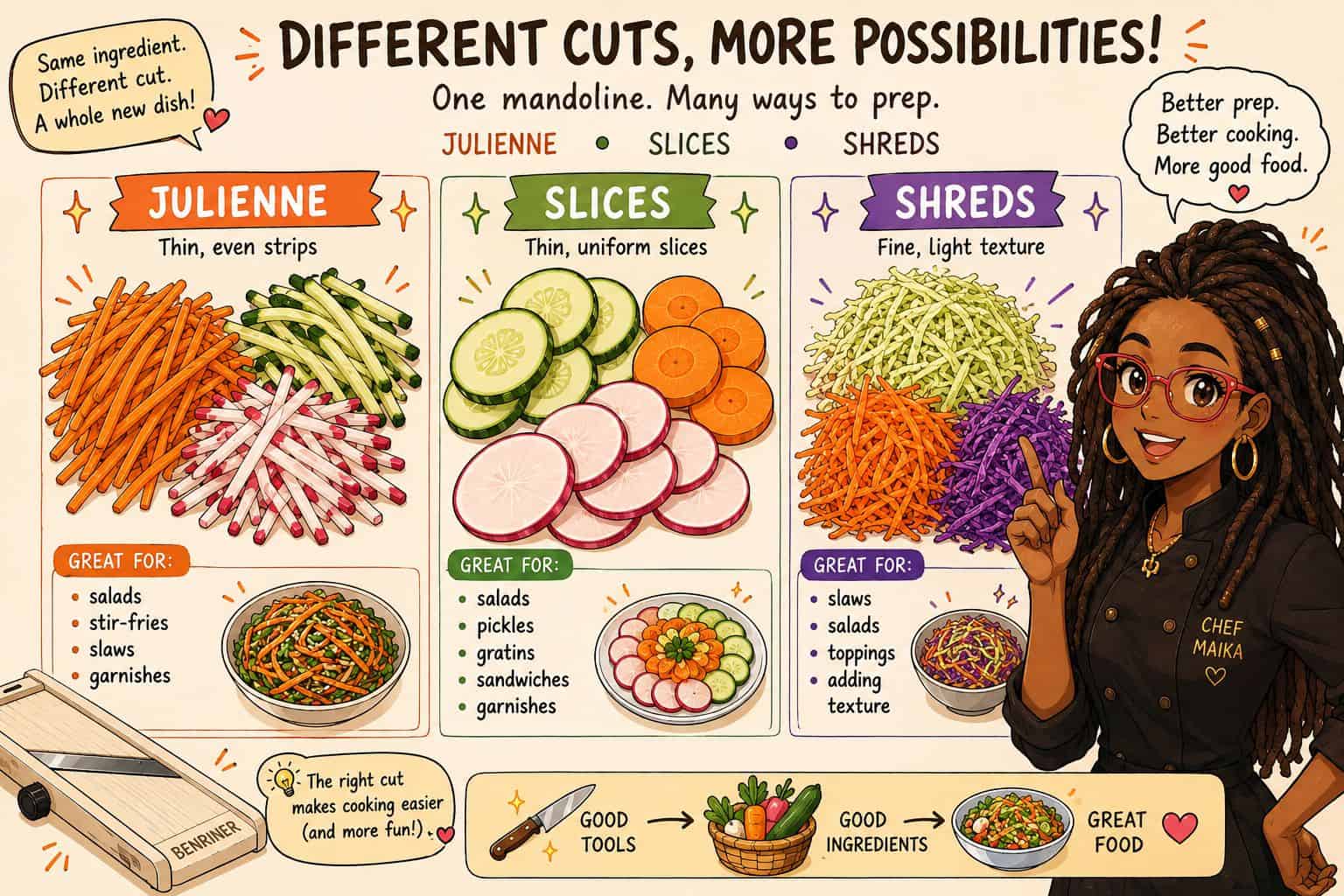 an infographic of vegetables cut into julienne, slices and shreds with a Japanese mandoline titled, different cuts, more possibilities!