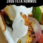 pinterest pin for Zhug Feta Hummus Chicken Wrap.