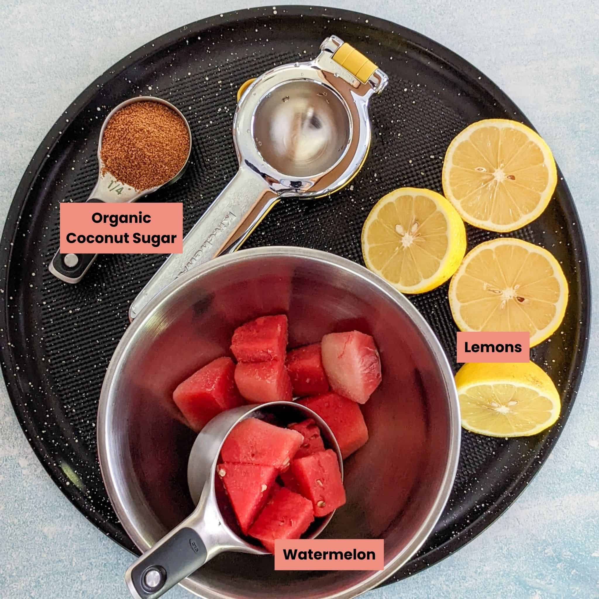 ingredients for the Frozen Watermelon Lemonade on a round tray.