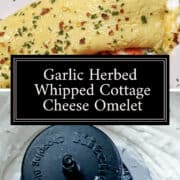 Garlic herbed whipped cottage cheese omelet, fluffy and creamy, topped with fresh herbs and spices.