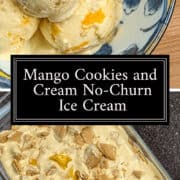 Creamy mango cookies and cream no-churn ice cream with vibrant mango chunks and cookie pieces.