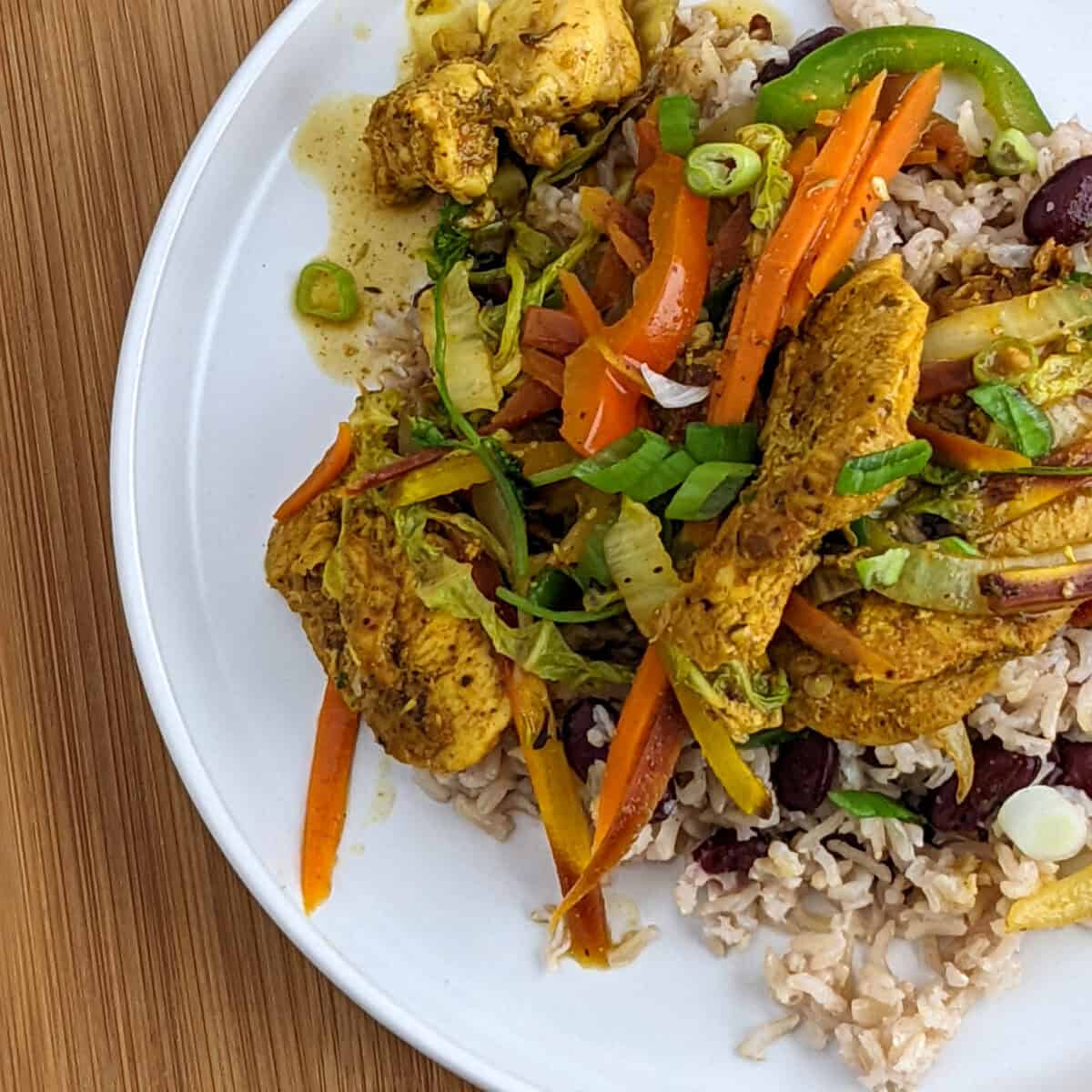 Chicken Curry Stir-Fry with Coconut Rice and Beans - Just Maika Cooking