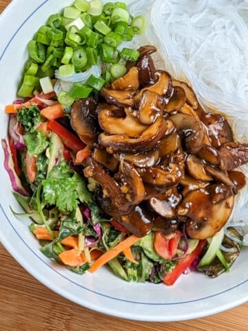 Hoisin mushrooms on top of vegetables in peanut dressing, sliced scallions and vermicelli noodles in a white and blue bowl