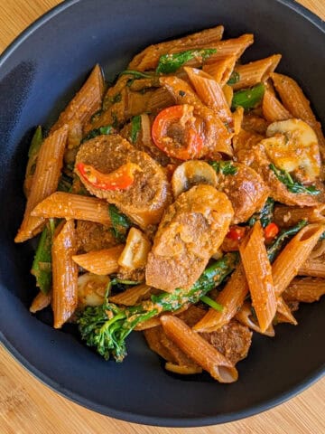 Plant-Based Italian Sausage with Spicy Creamy Lentil Pasta