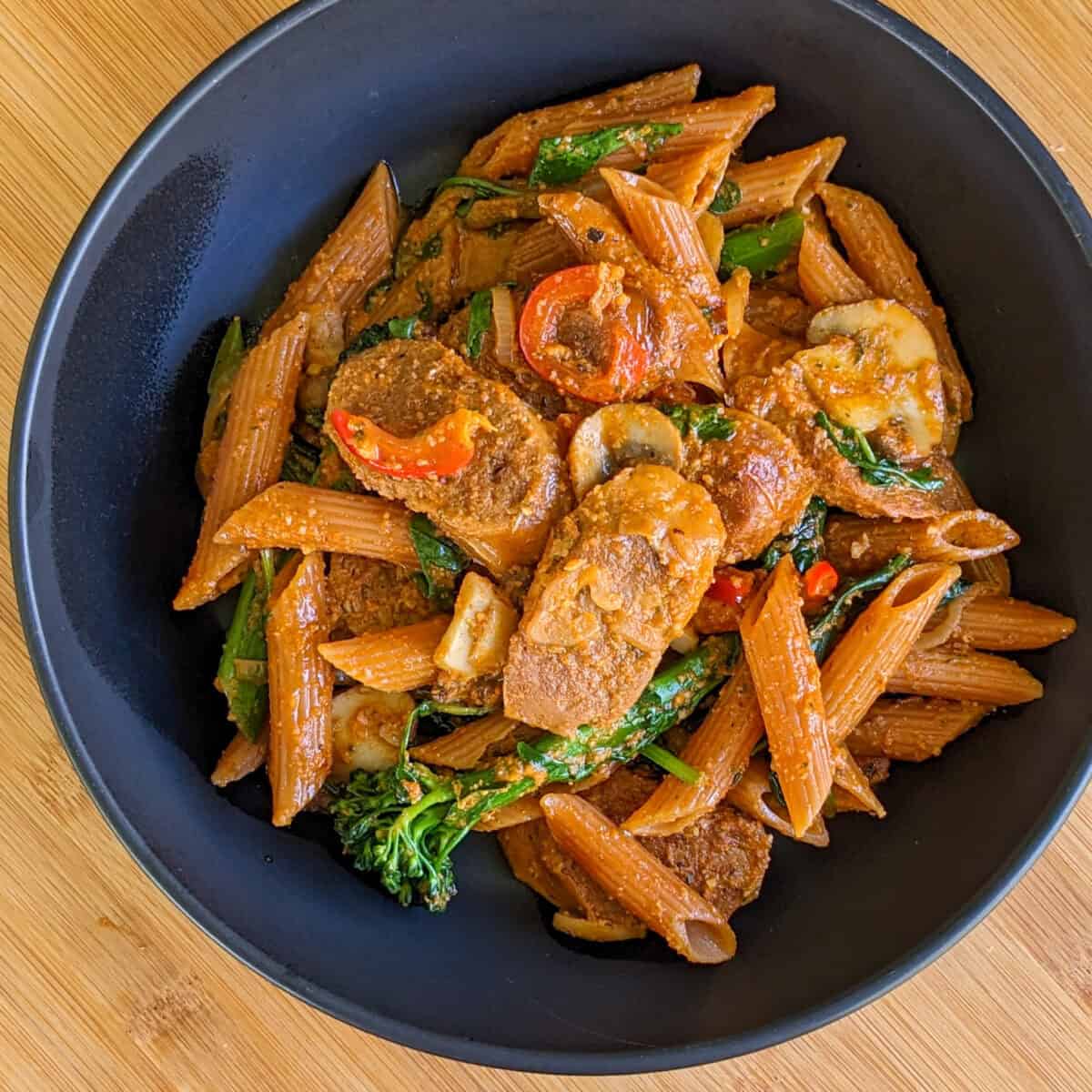 Plant-Based Italian Sausage with Spicy Creamy Lentil Pasta