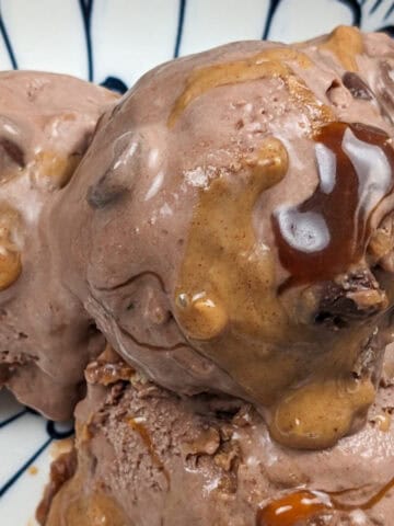 Peanut butter and caramel swirled chocolate ice cream with chocolate chips in a blue and white designed bowl