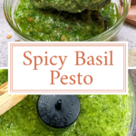 Basil was steeped in hot water and then shocked in ice to keep its bright green color. Then blended with grated Parmigiano-Reggiano and Pecorino Romano, pine nuts, extra virgin olive oil, and chili pepper flakes for a spicy twist.