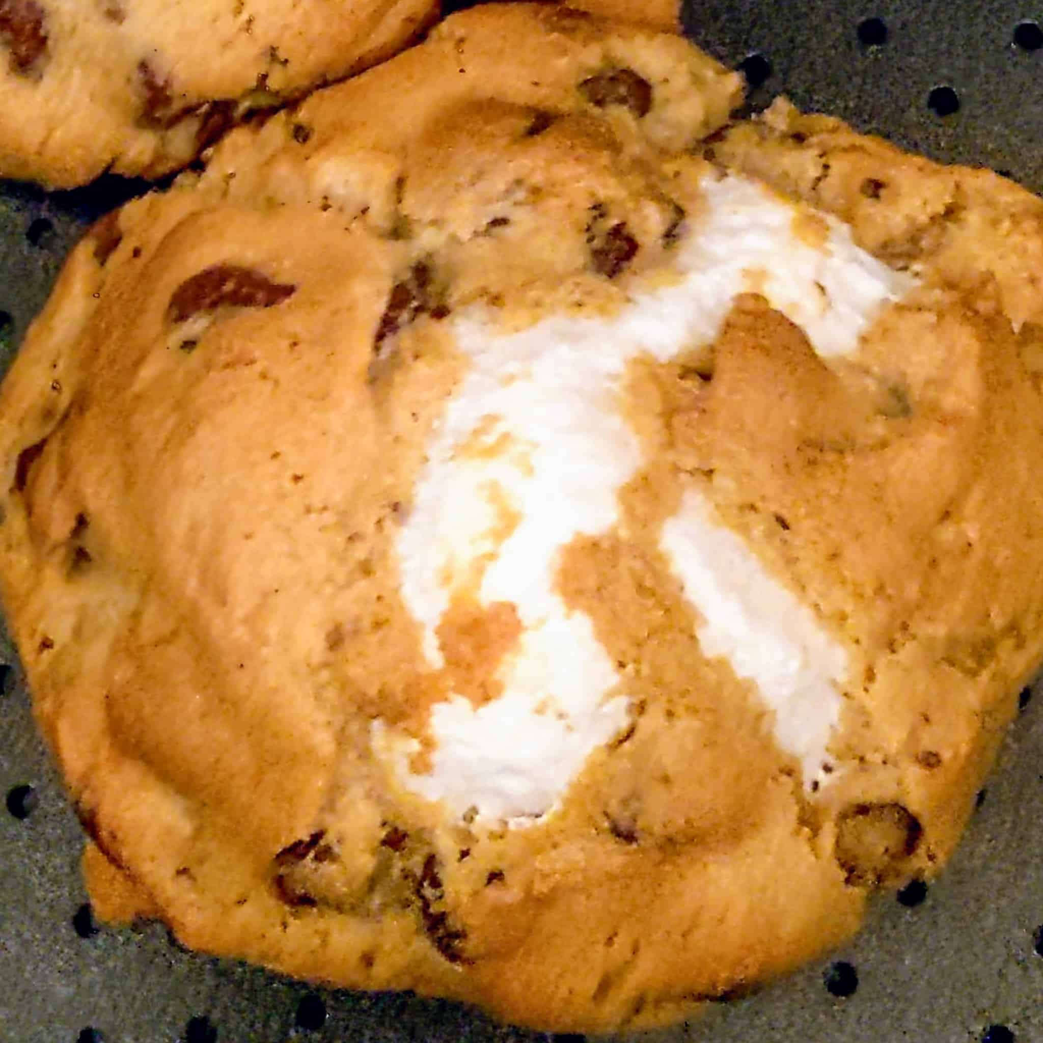 baked air fryer s'mores chocolate chip cookie on a an air fryer tray