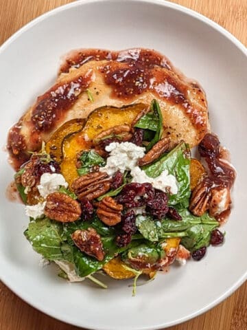 top view of the Chicken Paillard with Cranberry Pecan Acorn Squash Salad