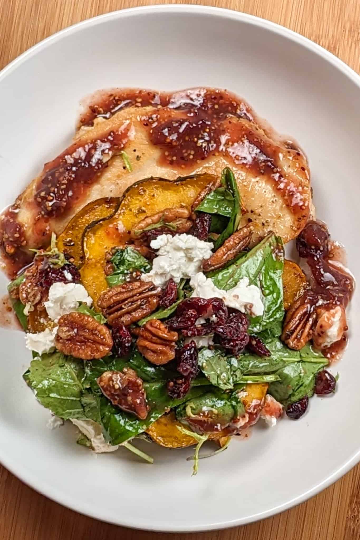 top view of the Chicken Paillard with Cranberry Pecan Acorn Squash Salad