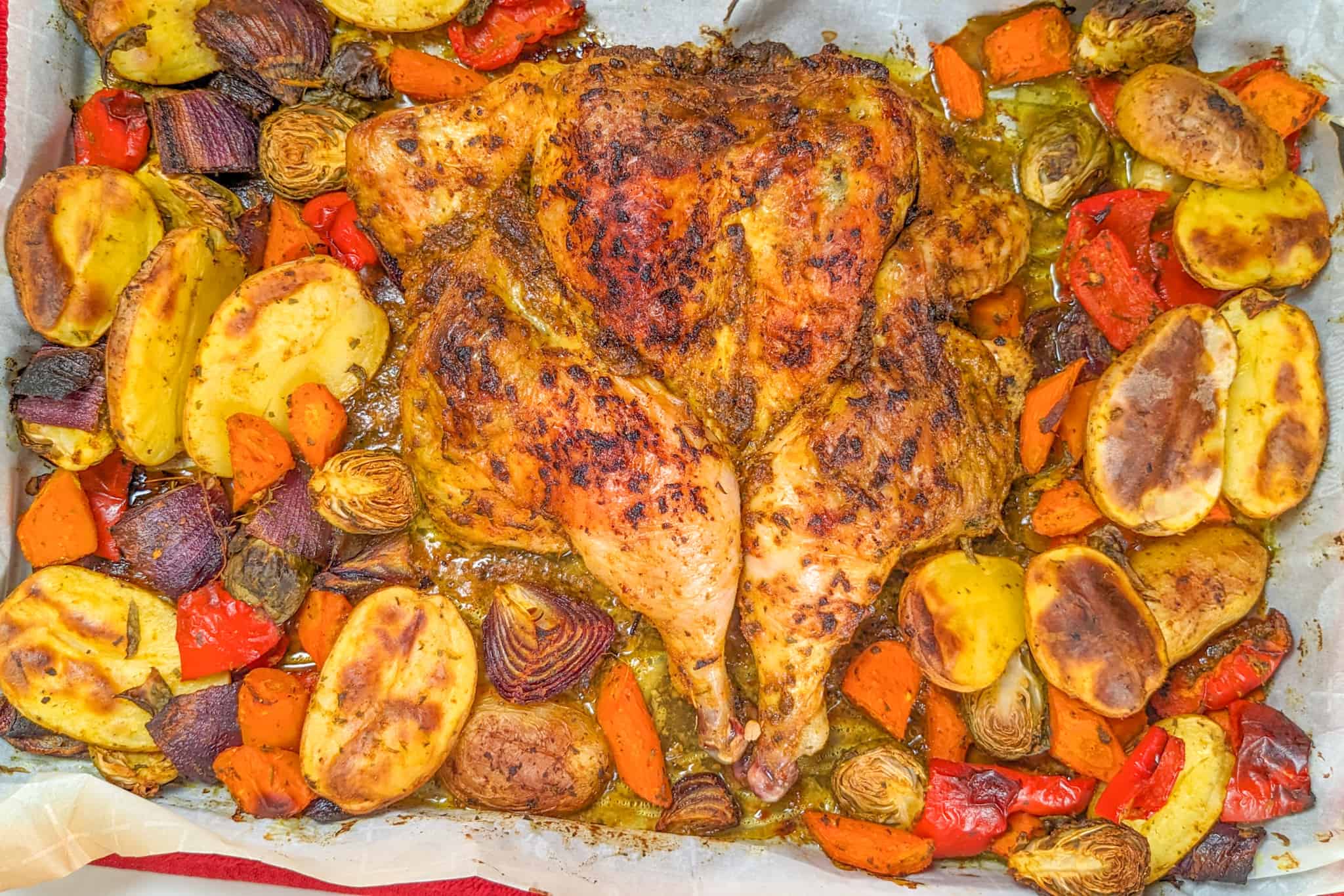 roasted curry spatchcocked chicken and vegetables on a parchment paper layered sheet pan.