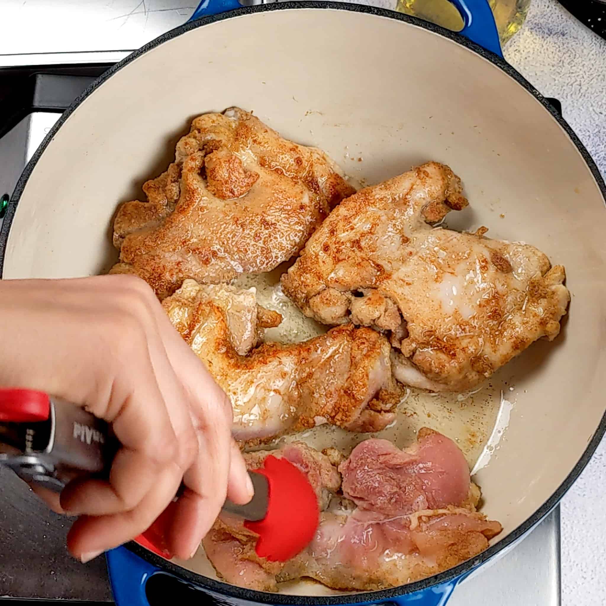 browned seasoned chicken thighs for the dill lentil chicken soup