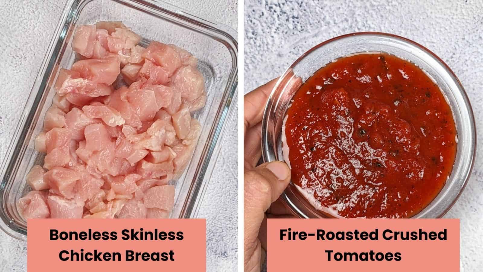 Air Fryer Butternut Squash Spiced Chickpeas Chicken Soup ingredients in containers: diced chicken breast in a glass rectangular container (left side) and glass bowl of crushed fire-roasted tomatoes (right side)
