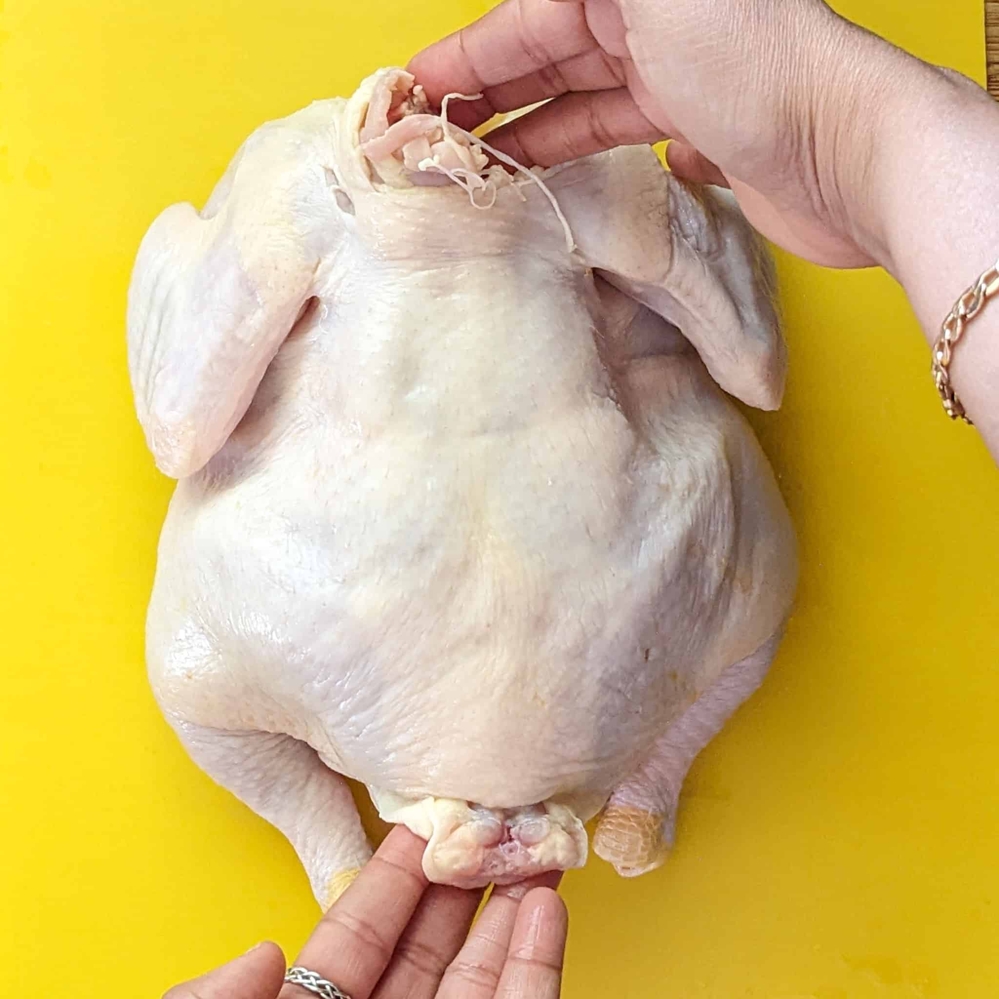 whole chicken, breast side down on a cutting board for poultry with a hand each on the neck bone (top of chicken) and tail bone (bottom of chicken).