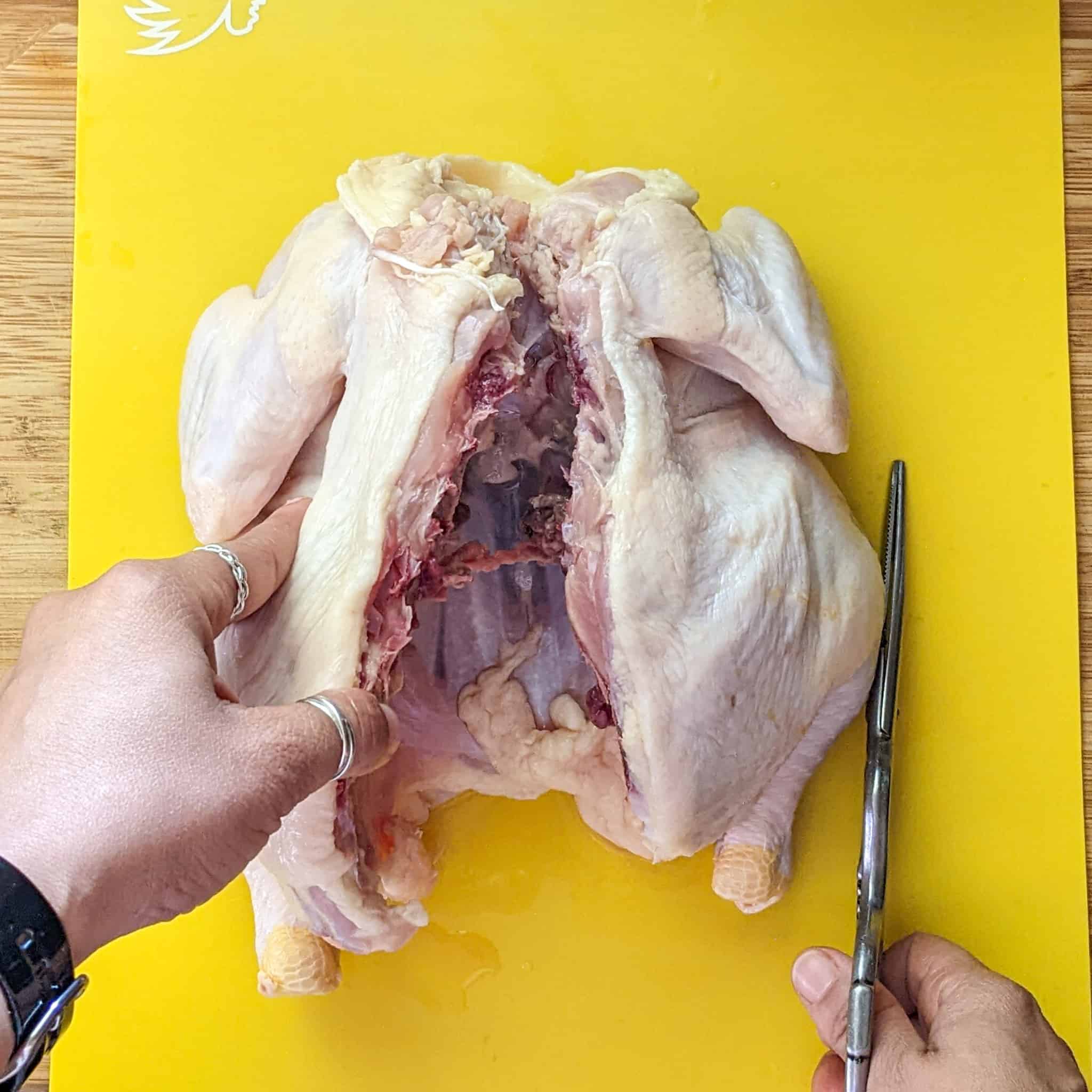 whole chicken is being opened to show the exposed chicken's cavity