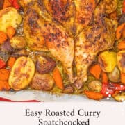 Roasted curry spatchcocked chicken with colorful vegetables on a rustic baking tray.