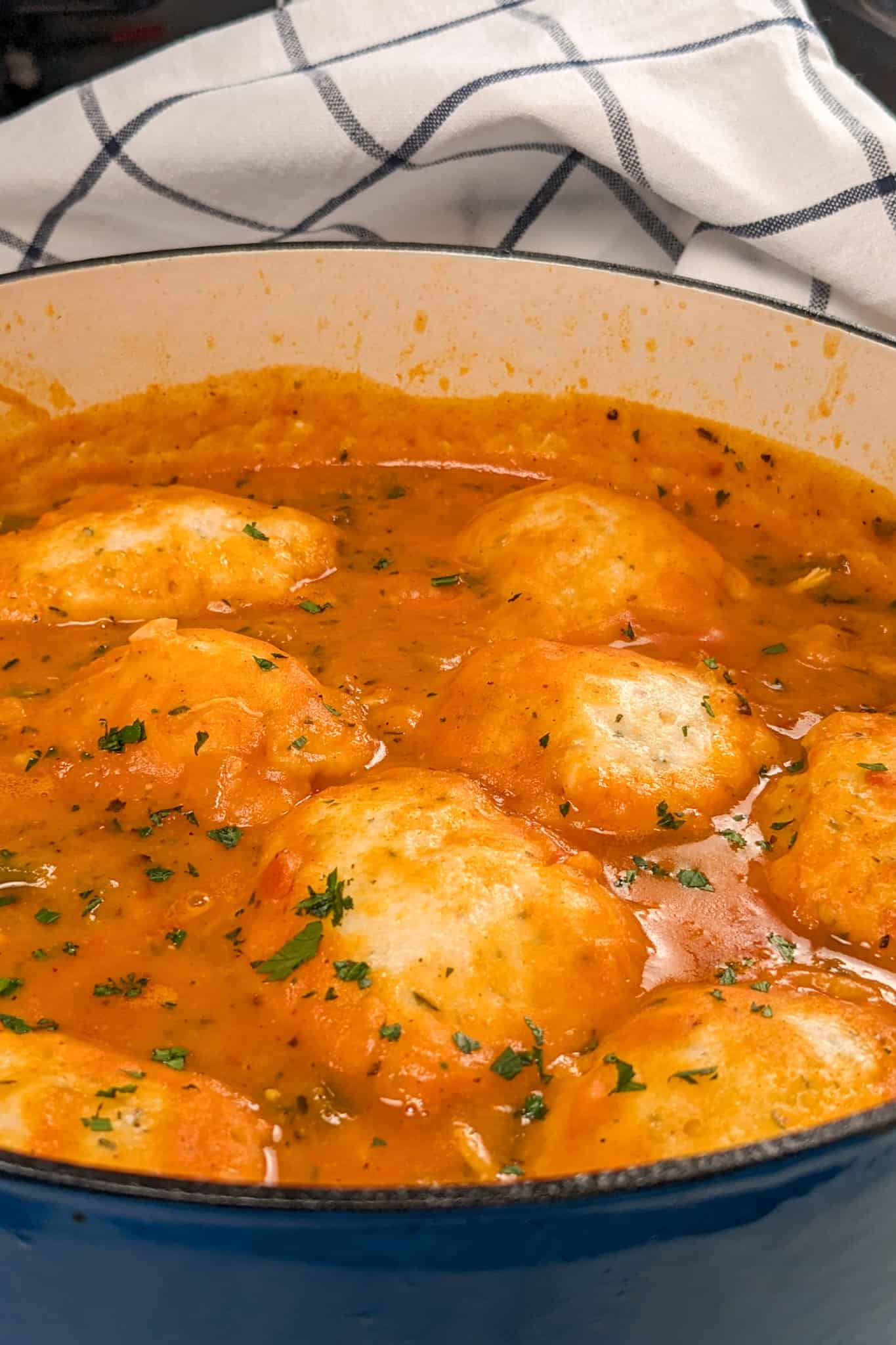 side view close up the sweet potato chicken and dumplings soup in a Dutch oven