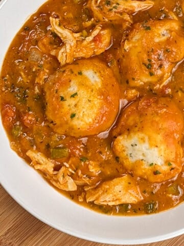 top view of the creamy spicy sweet potato chicken and dumplings soup