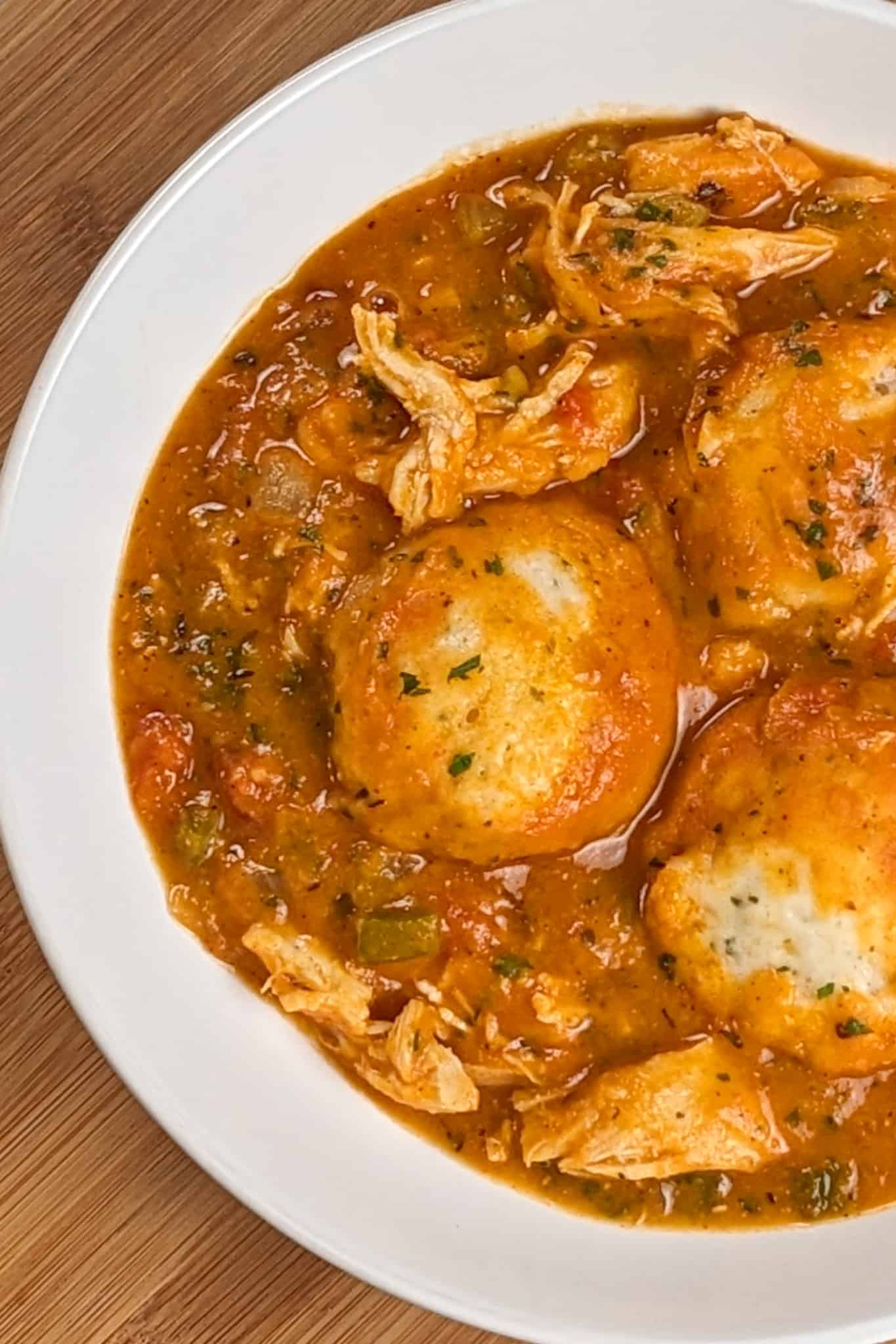 top view of the creamy spicy sweet potato chicken and dumplings soup