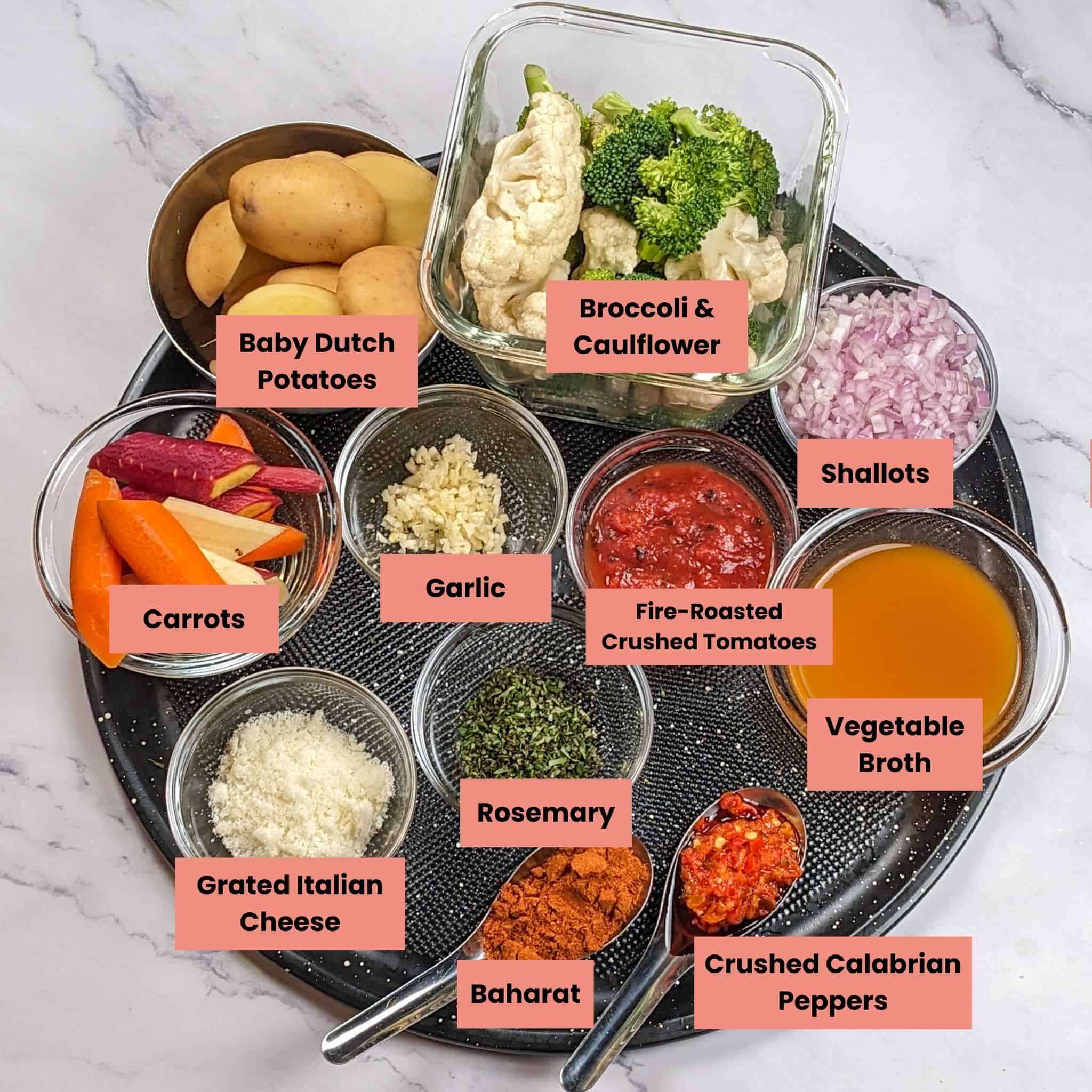 ingredients for the Pan-Seared Sirloin Steak with Spicy Baharat Sauce in containers on a large round pizza pan