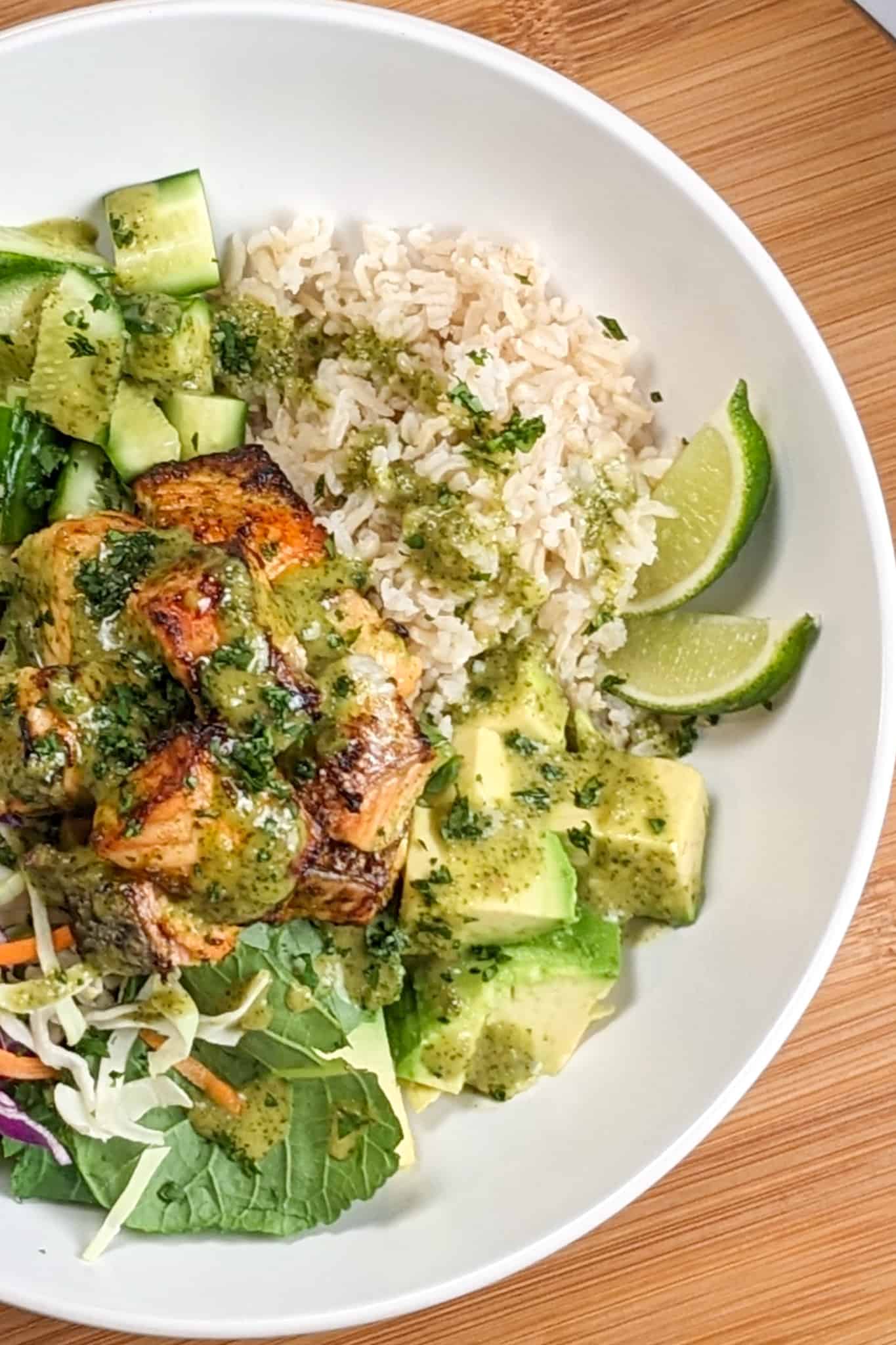 top view of the Air Fryer Spicy Cilantro Lime Salmon Salad Rice Bowl dish