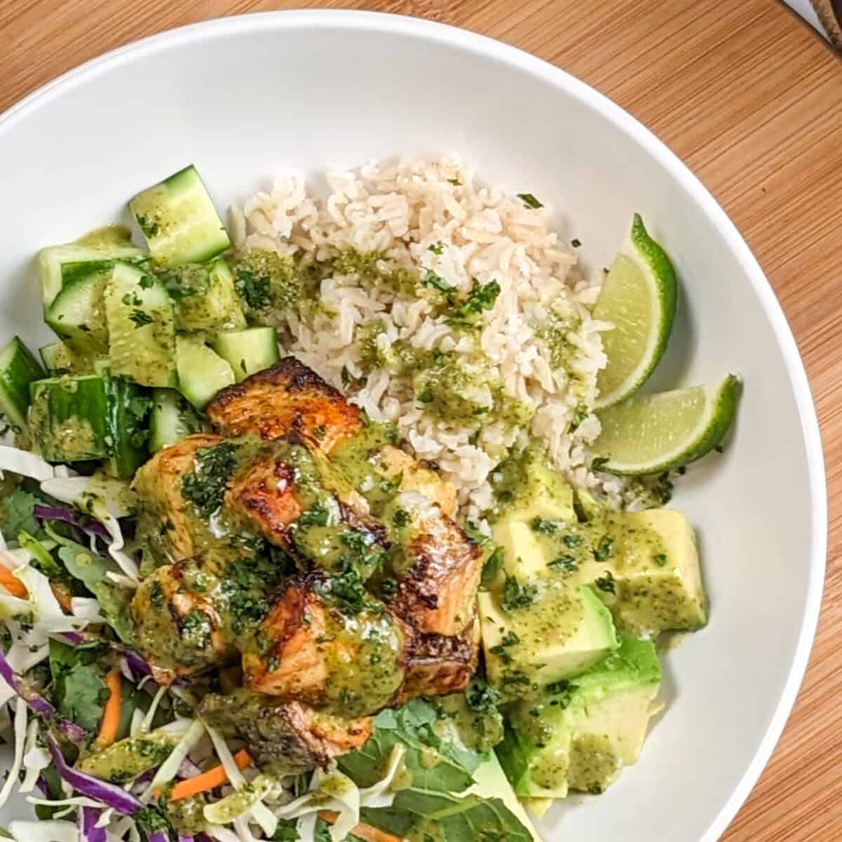 Air Fryer Spicy Cilantro Lime Salmon Salad Rice Bowl - Just Maika Cooking