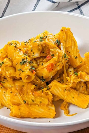 top view of the Creamy Cheesy Sage Chili Pumpkin Chicken Pasta in a round wide pasta bowl.