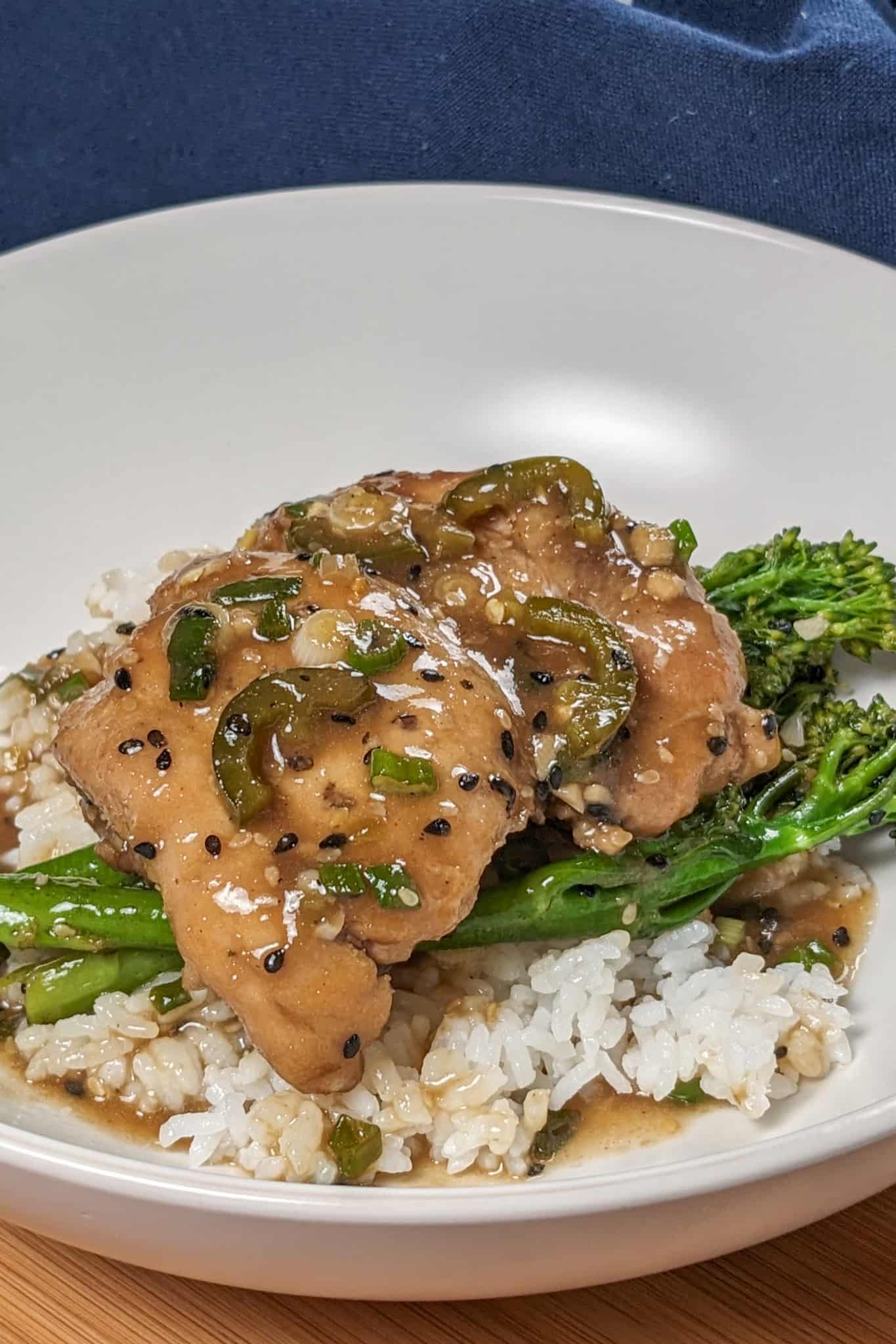side close up view of the Spicy Honey Jalapeno Lime Chicken with Broccolini dish