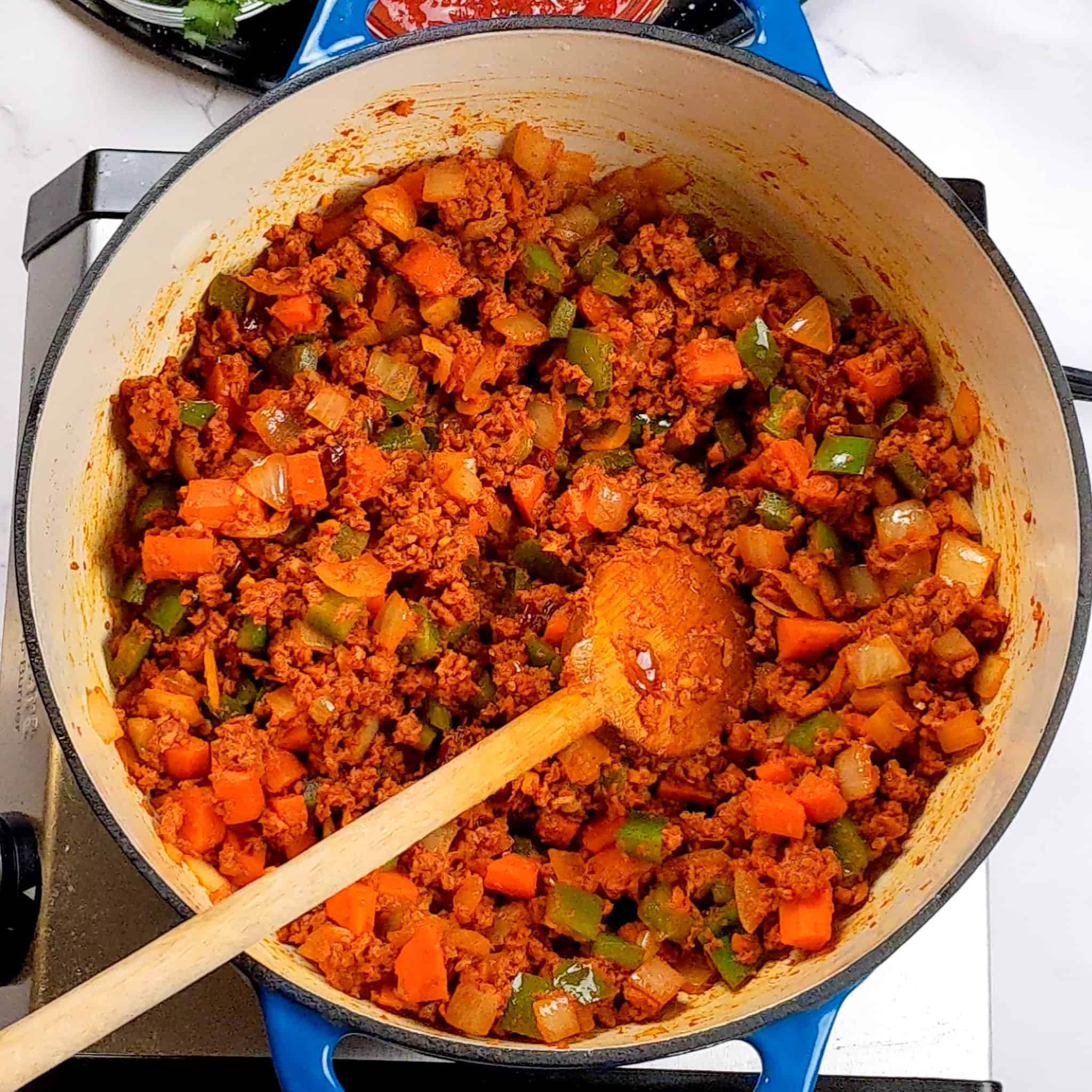 diced vegetables combined with crumbled soy chorizo and chipotle peppers