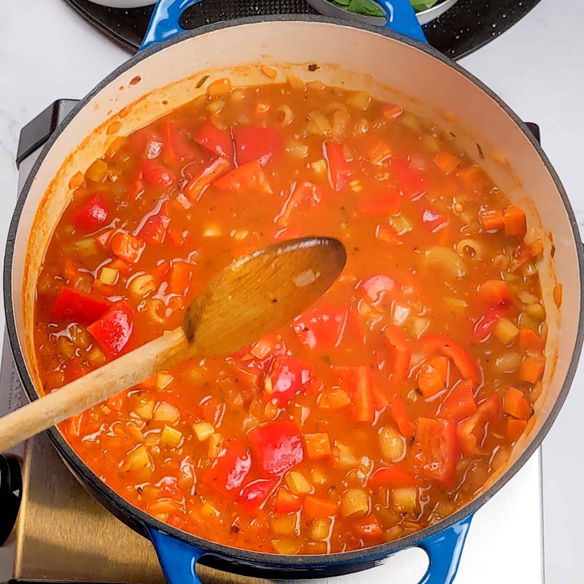 red bell pepper cooking and floating in a rich tomato broth with macaroni pasta for the macaroni cheese tomato stew recipe