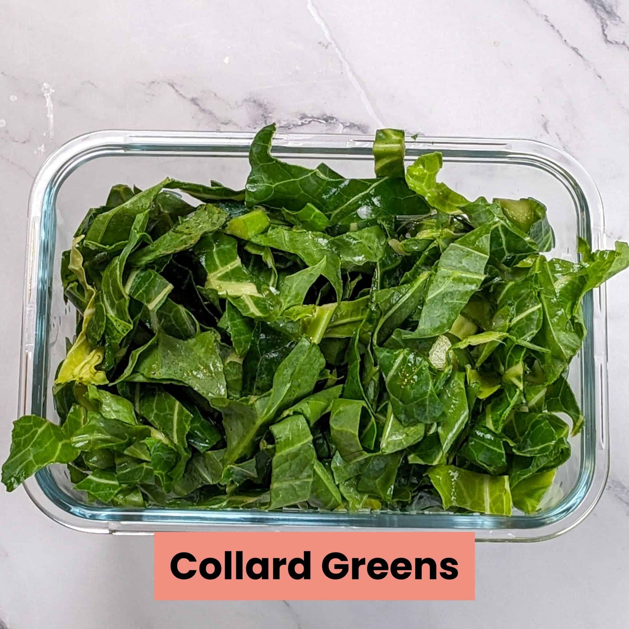shredded collard greens in a glass rectangle container