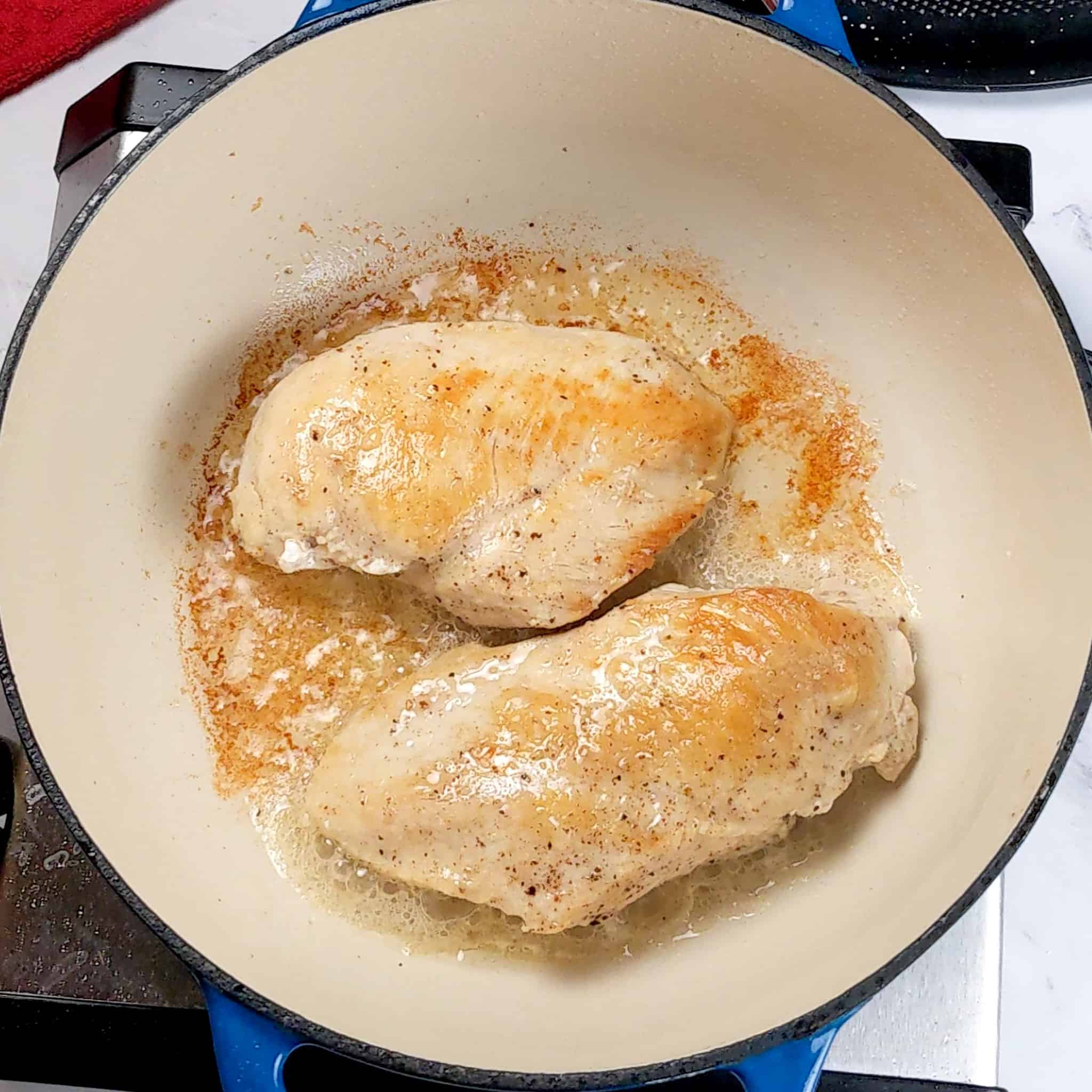 two browned boneless skinless chicken breast in an enameled lodge dutch oven.