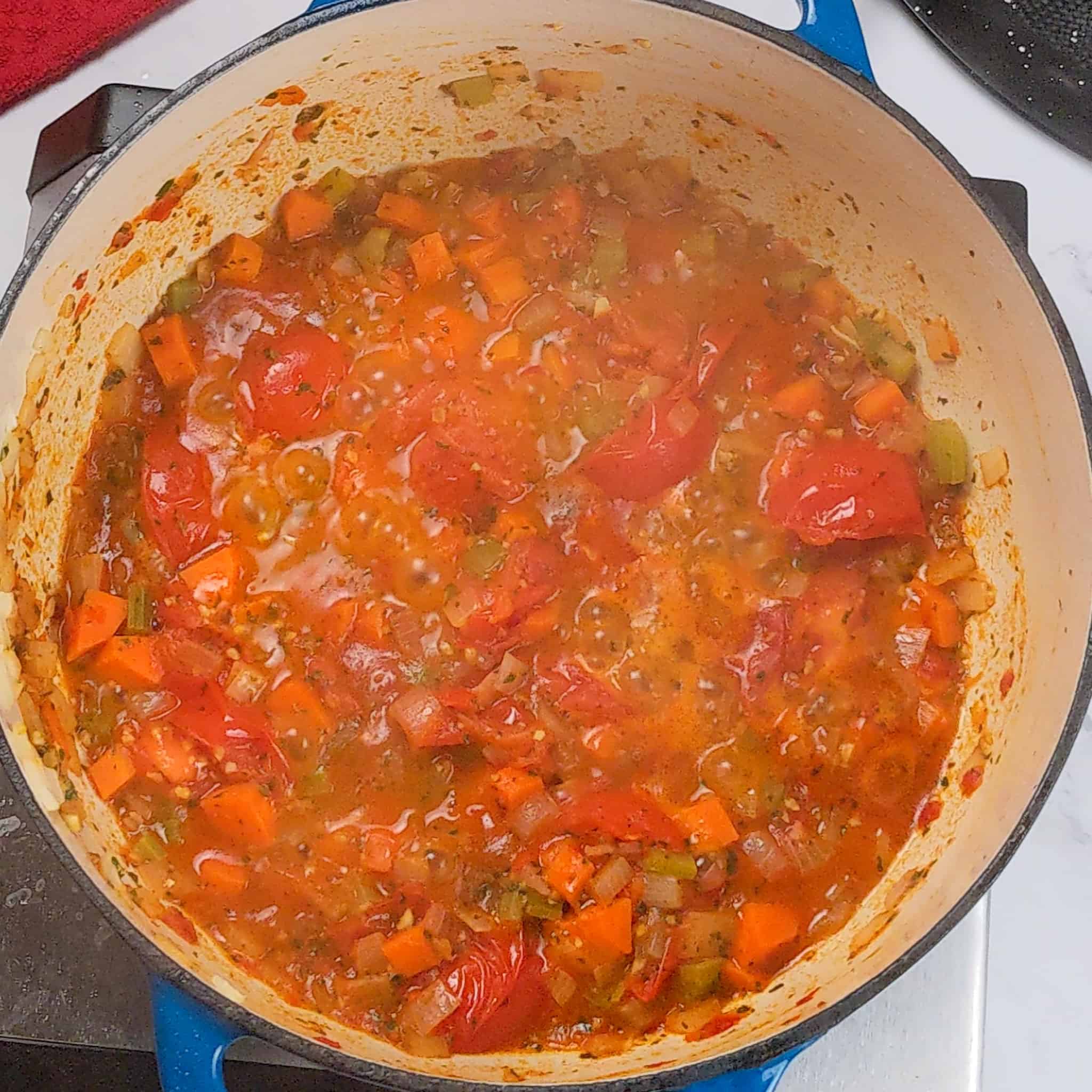 cooked down campari tomatoes mixed in with herbs and mirepoix in dutch oven.