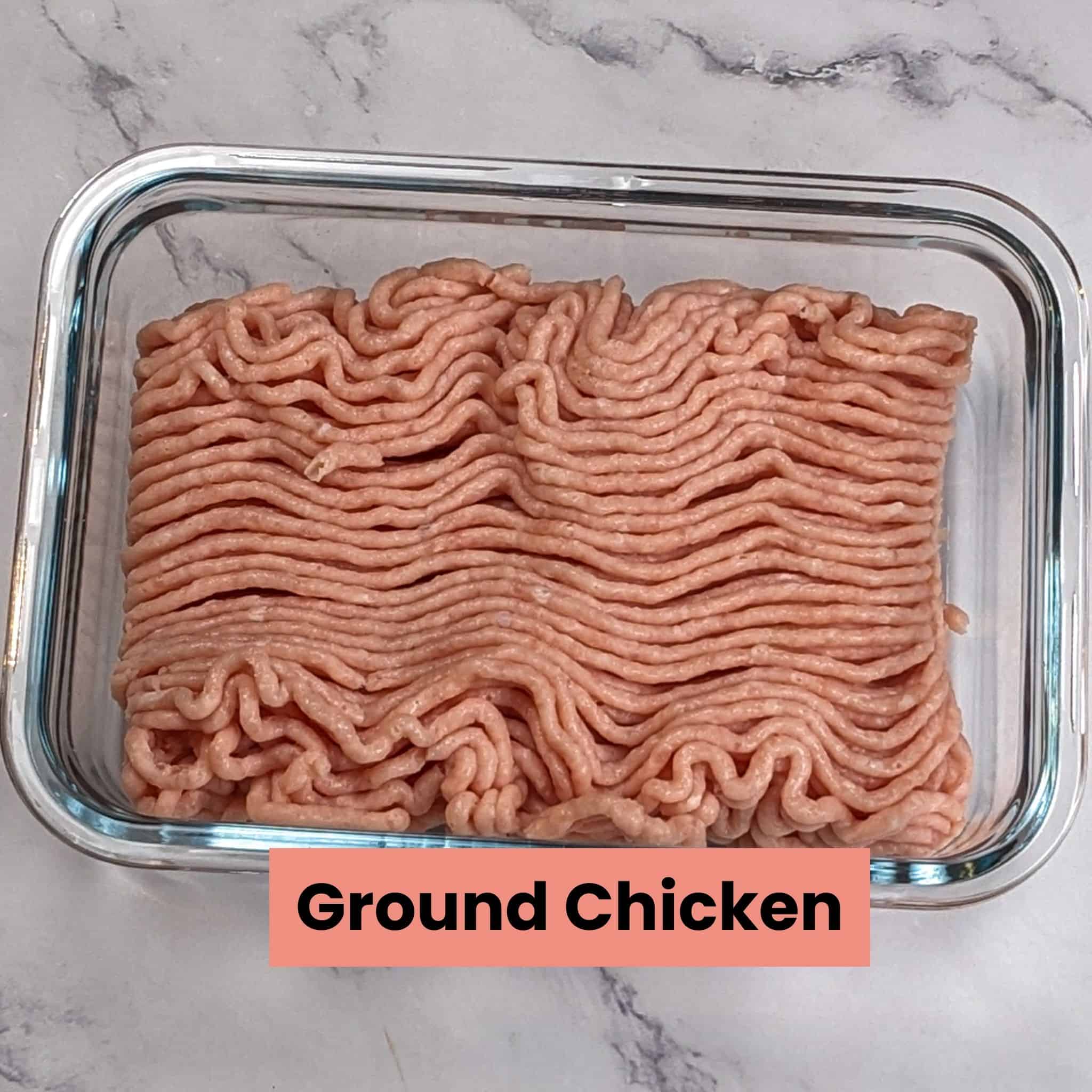 store bought ground chicken in a glass rectangle container