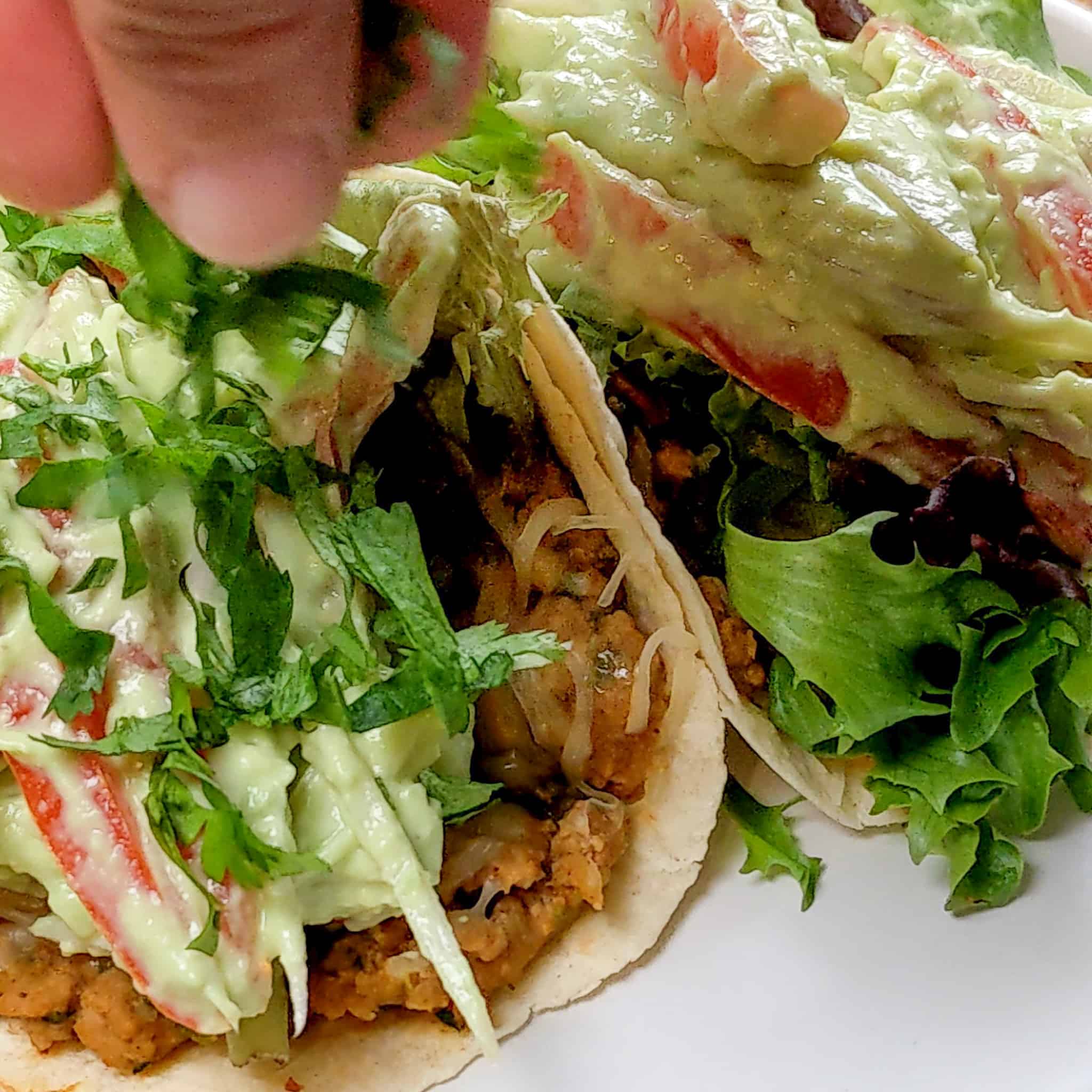 up-close shot of the Salsa Verde Turkey and Beans Tacos with Avocado Cream being garnished with shredded cilantro leaves.