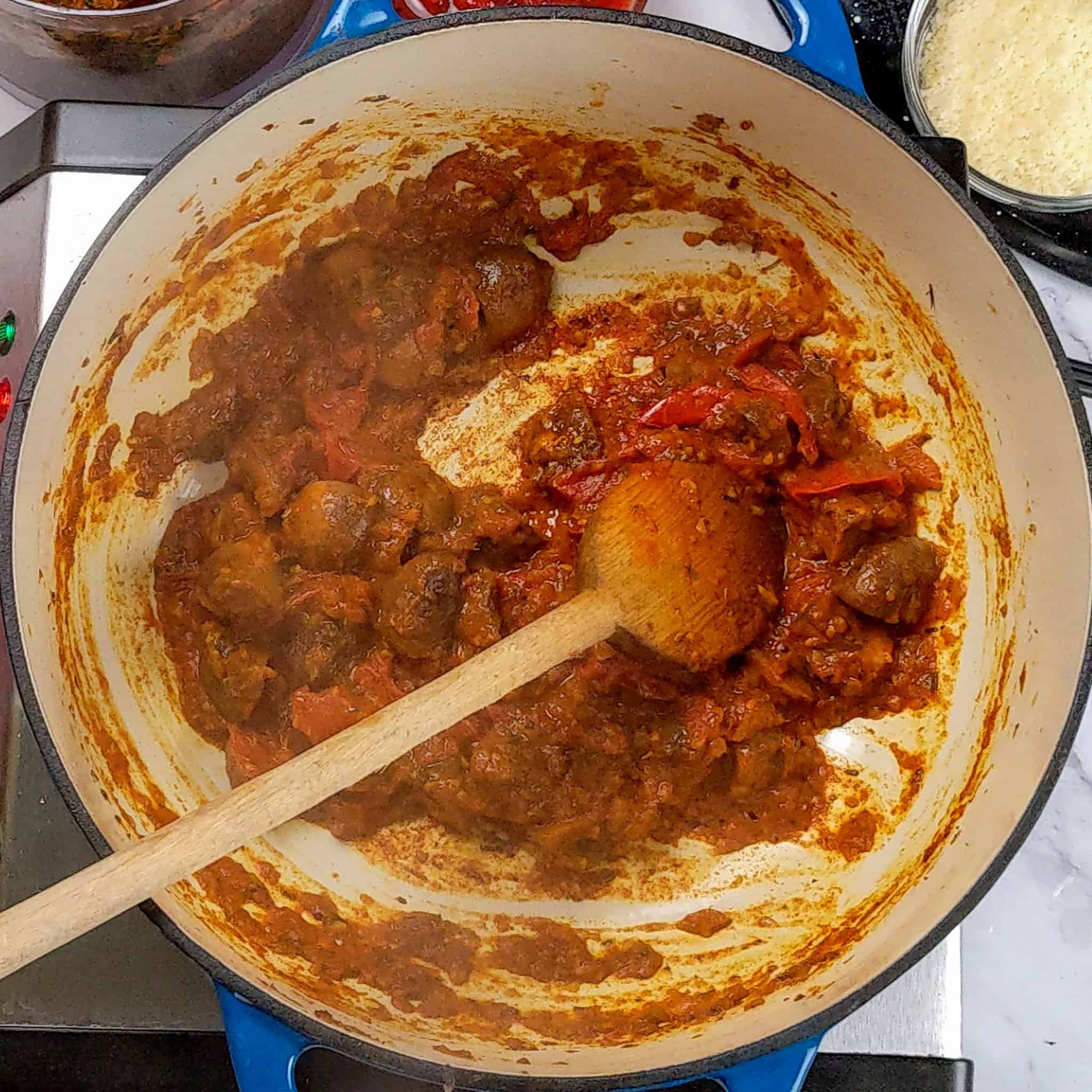 sauted mushrooms and cooked down tomato paste.