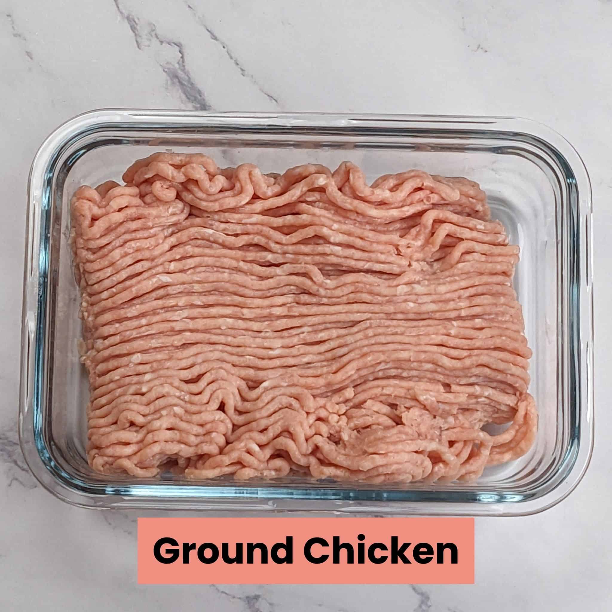 store-bought ground chicken in a glass rectangle container.
