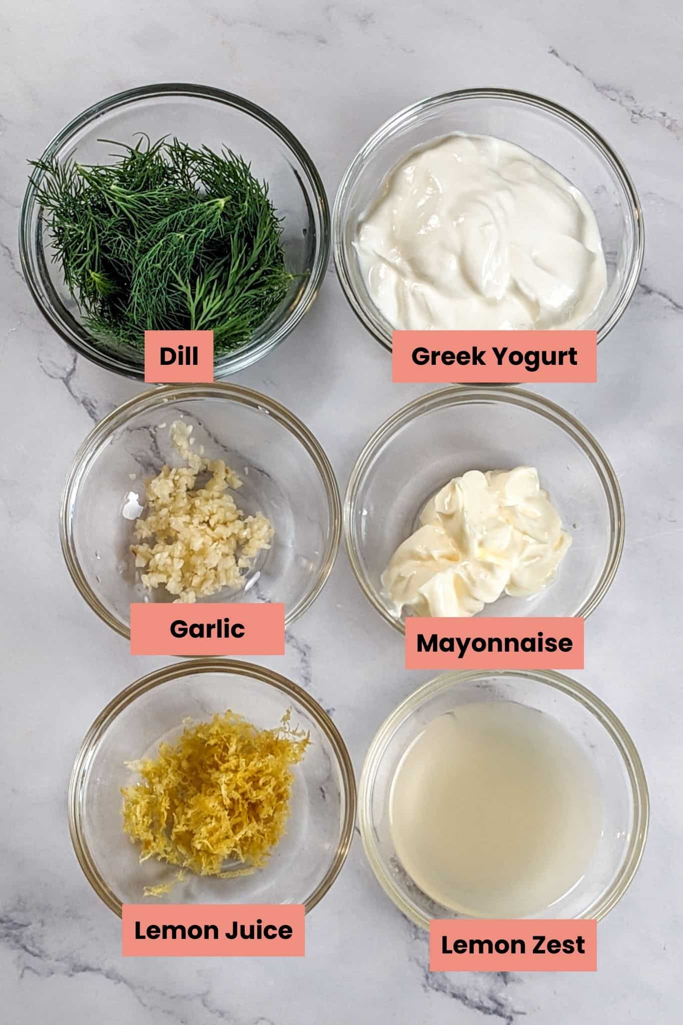 ingredients for the lemon dill sauce in glass dishes.