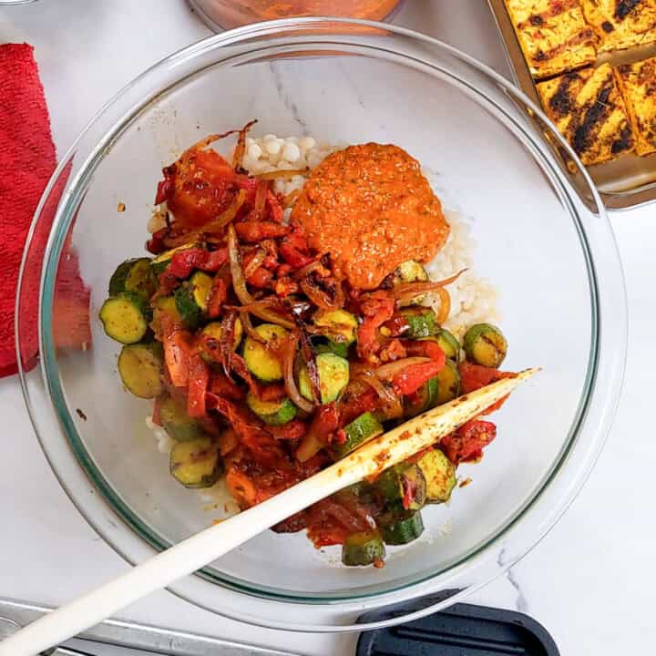 Quick Vegetable Pearl Couscous Salad with Basil Romesco Sauce - Just ...