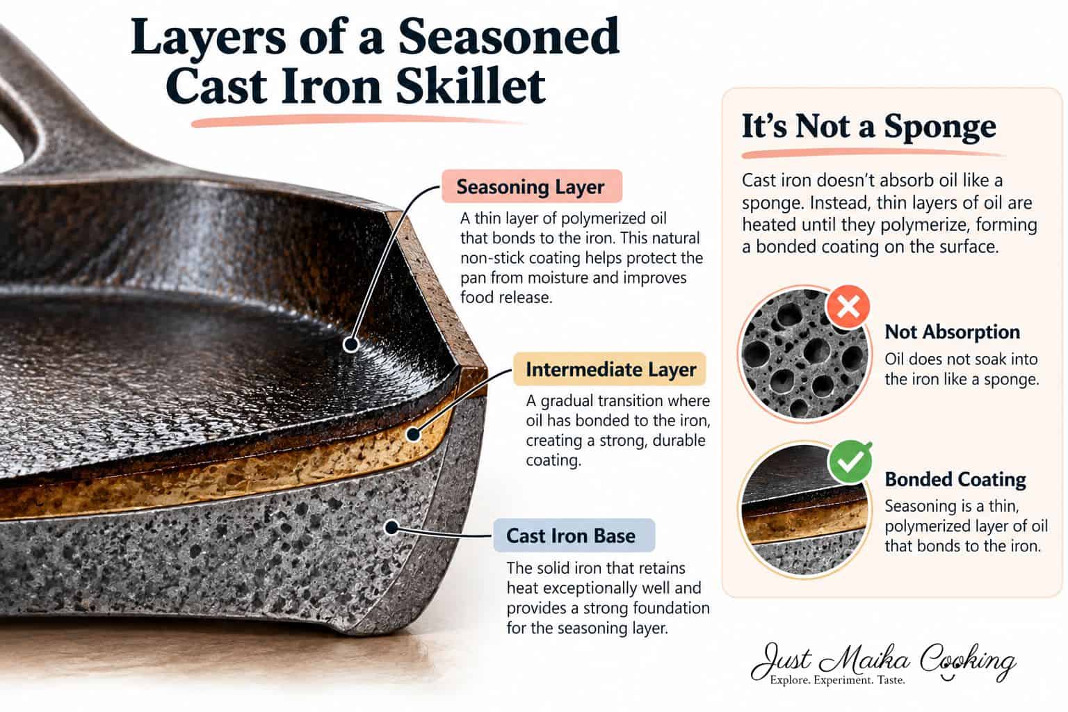 Illustration of seasoning is a thin layer of oil heated until it polymerizes, forming a bonded protective coating on the iron.