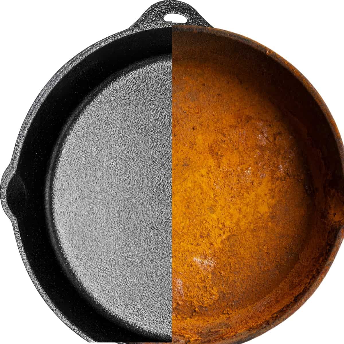 split image of a cast iron skillet, with a rusty skillet on the right side i