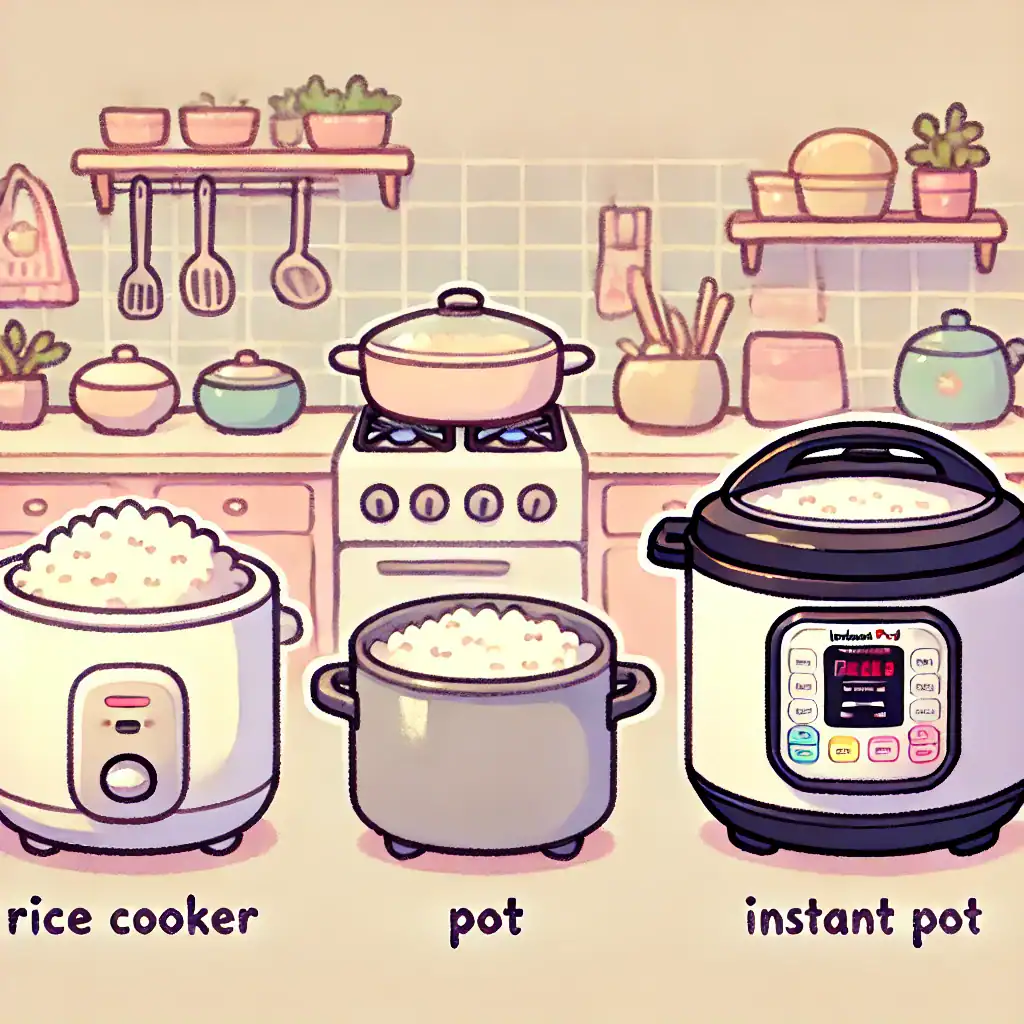 anime illustration with a rice cooker, pot and instant pot on a kitchen counter.