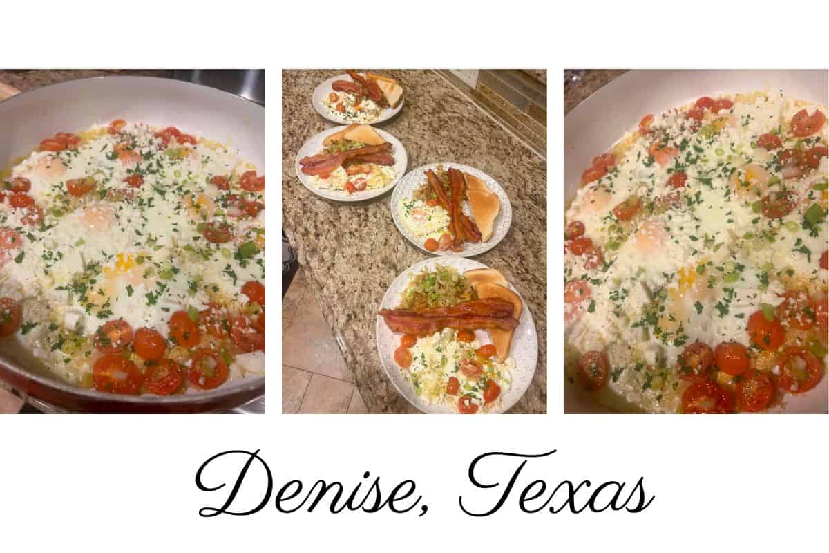 three photos showing the  egg dish recipe made by a reader.