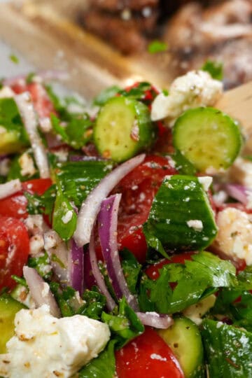 close up of the Parsley Cucumber Tomato Feta Salad.