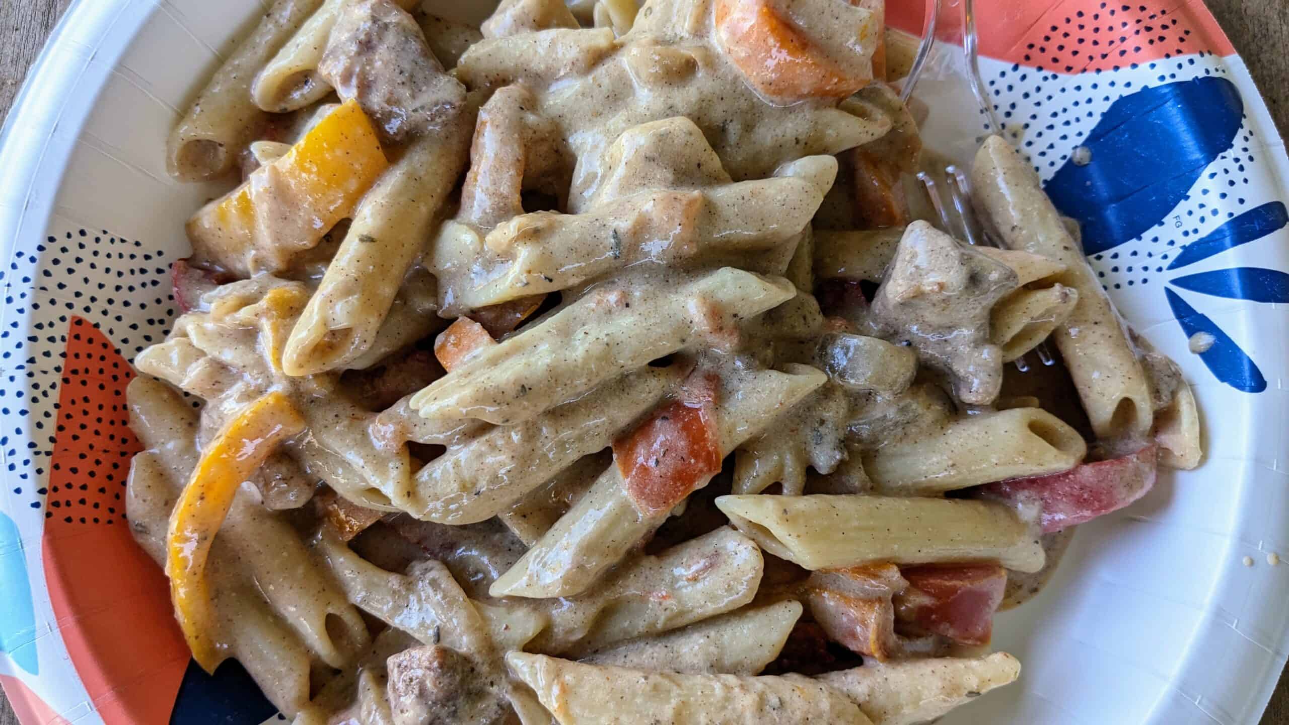 a students plate of the rasta pasta on a paper plate.