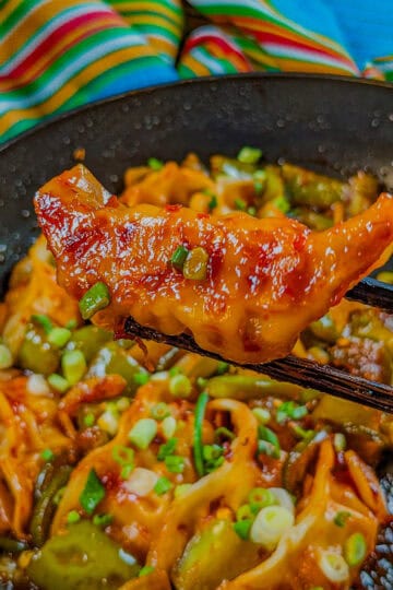 pan seared dumplings on chopsticks to show the golden brown bottom.