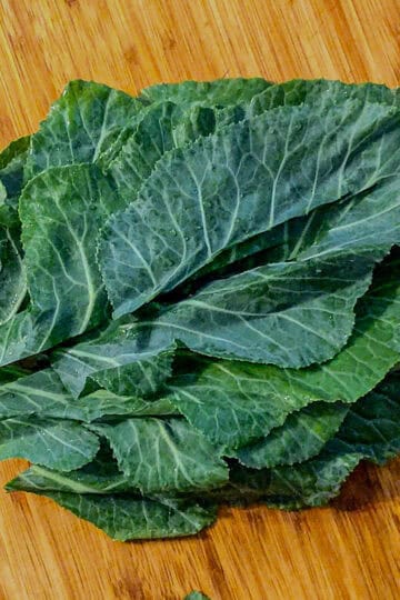 stacked collard green leaves.