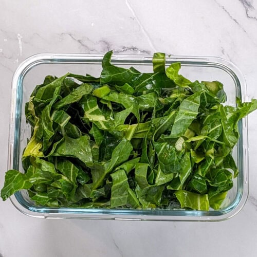 collard greens in a glass container.