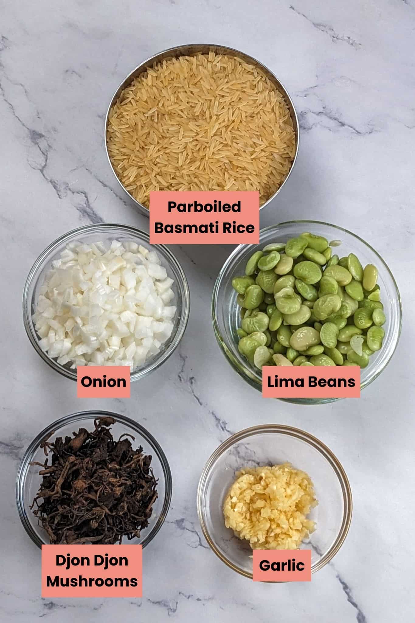 Ingredients for the djon djon rice in glass mini bowls.