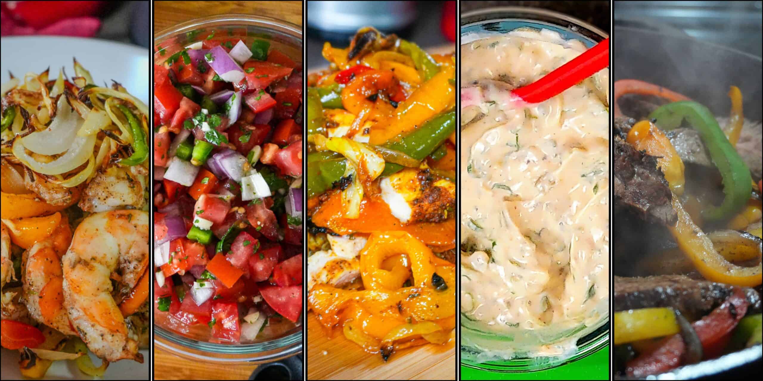 jerk fajita trio showing the steak, chicken and shrimp fajitas and the homemade pico de gallo and cholula green chili sour cream sauce.